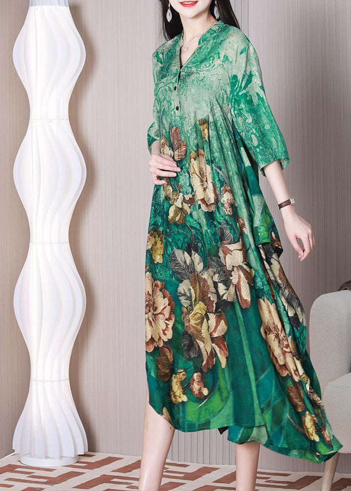 Green V Neck Oversized Print Silk a Line Dress Half Sleeve