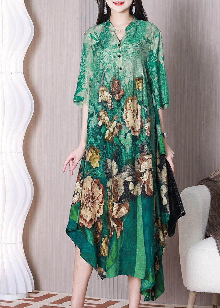 Green V Neck Oversized Print Silk a Line Dress Half Sleeve