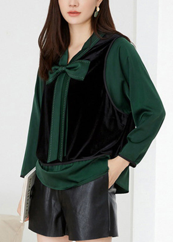 Green V Neck Patchwork Bow Velour Tops Spring
