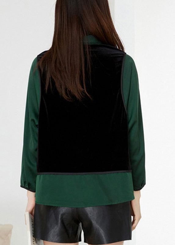 Green V Neck Patchwork Bow Velour Tops Spring