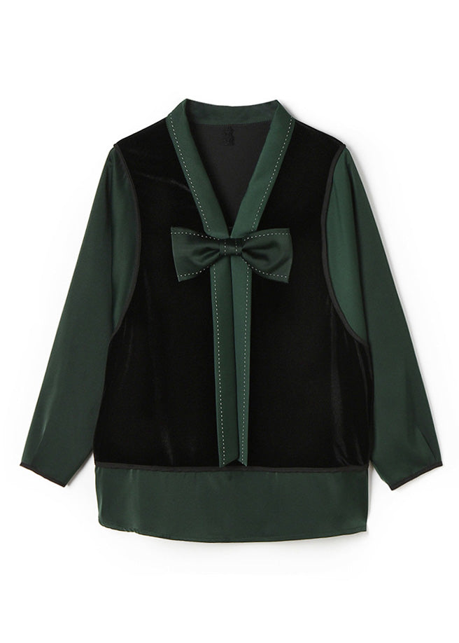 Green V Neck Patchwork Bow Velour Tops Spring