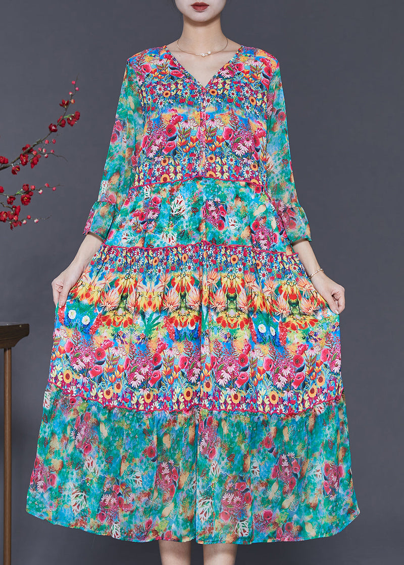 Green V Neck Print Silk Holiday Dress Summer