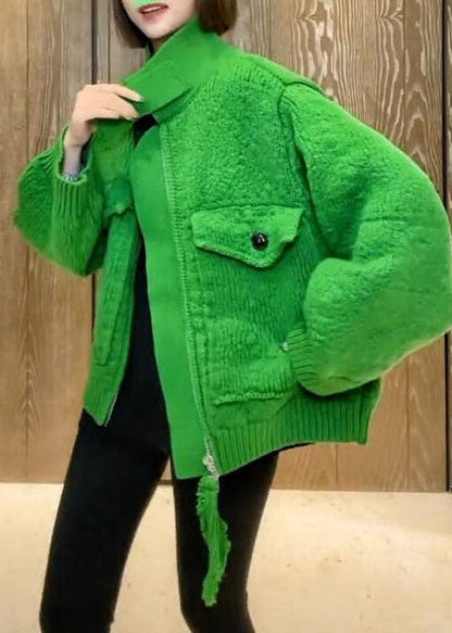 Green Zip Up Pockets Knitted Tops Coat Spring