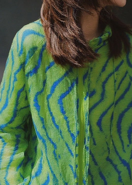 Green Zip Up Print Cotton Coat Fall