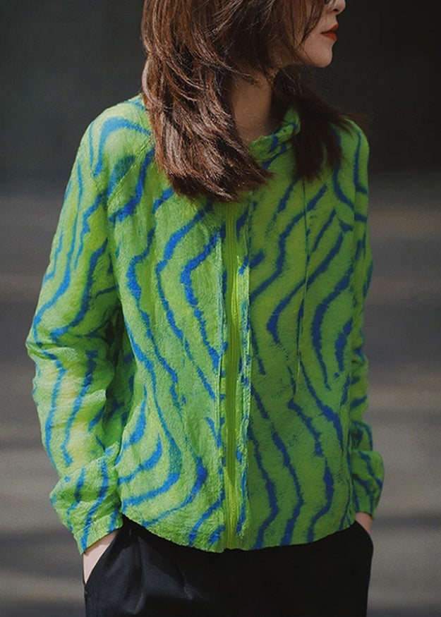 Green Zip Up Print Cotton Coat Fall