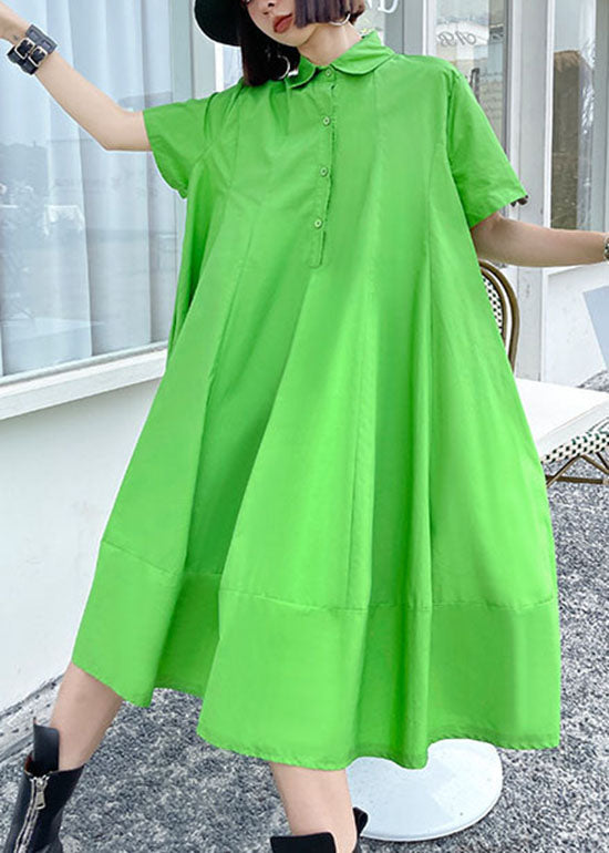 Green Button Peter Pan Collar a Line Dress Short Sleeve