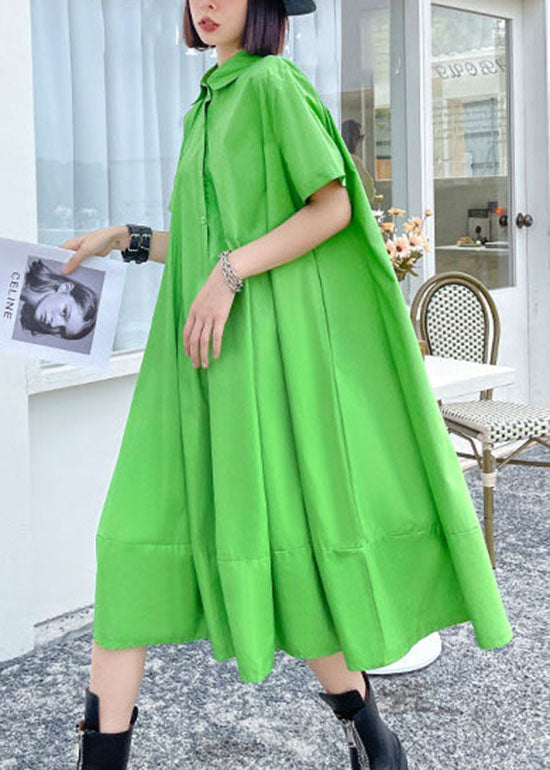 Green Button Peter Pan Collar a Line Dress Short Sleeve