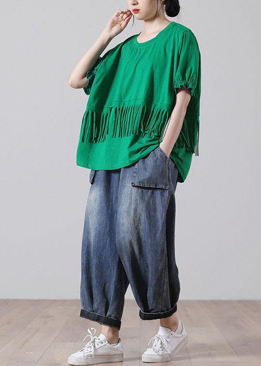 Green Tasseled Cotton Top Short Sleeve Summer