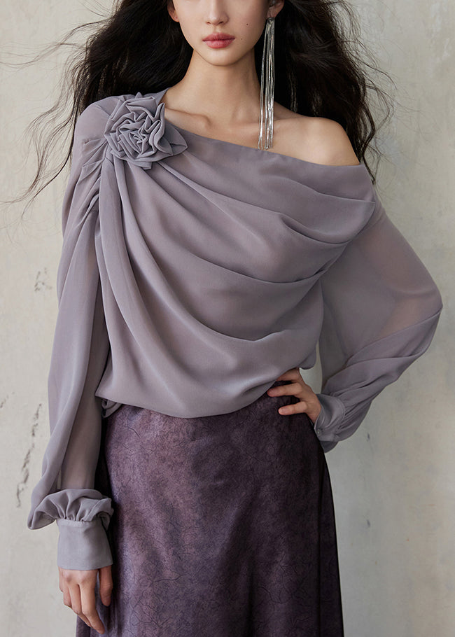Grey Asymmetrical Chiffon Shirt Long Sleeve