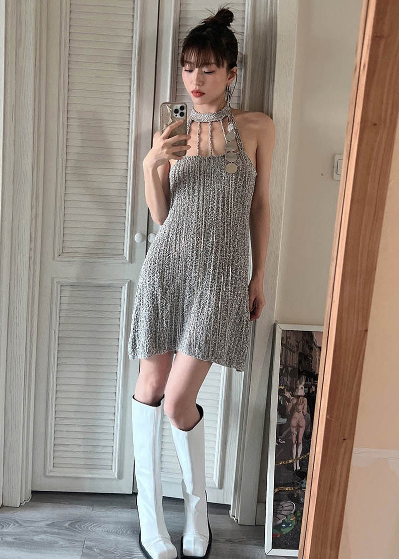 Grey Cold Shoulder Slim Fit Knit Mid Dress Summer