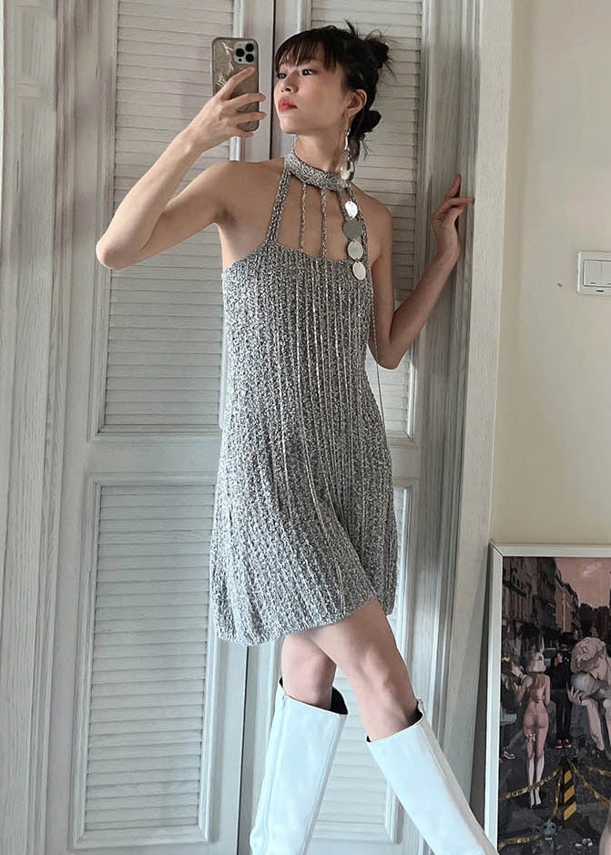 Grey Cold Shoulder Slim Fit Knit Mid Dress Summer