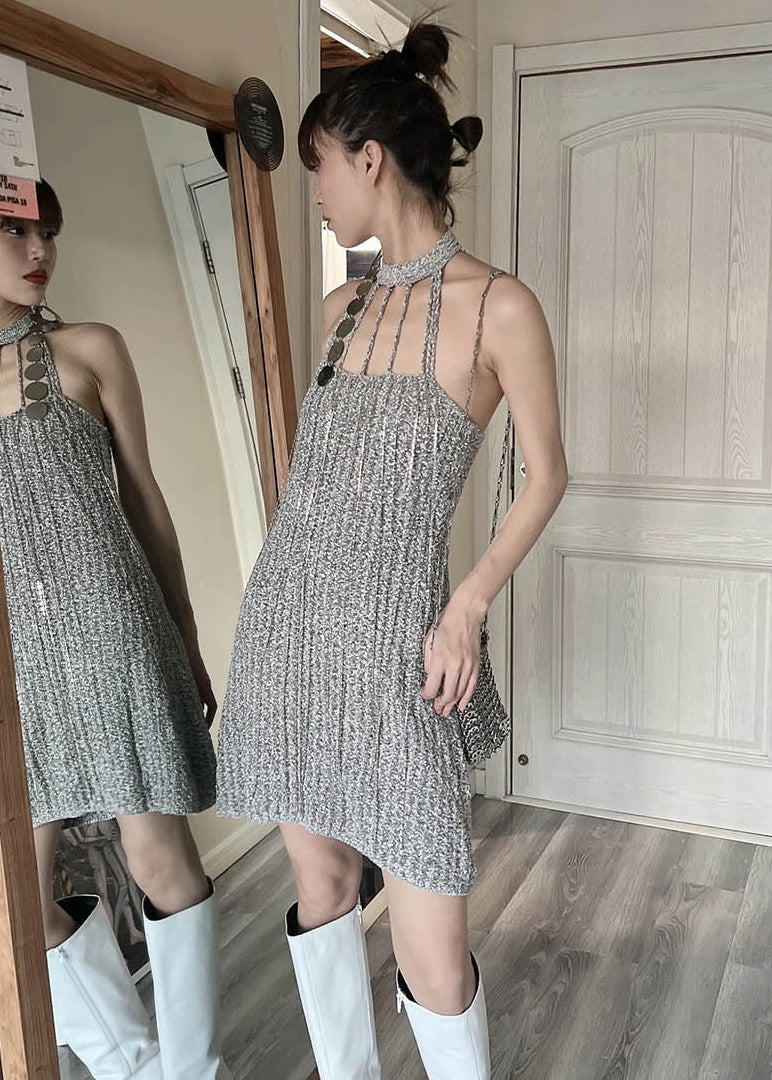 Grey Cold Shoulder Slim Fit Knit Mid Dress Summer