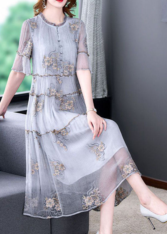 Grey Embroideried Ruffled Exra Large Hem Silk Holiday Dress Summer