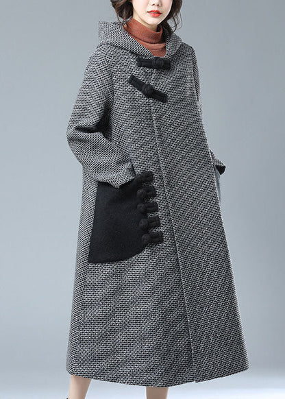 Grey Hooded Pockets Patchwork Woolen Trench Coats Winter