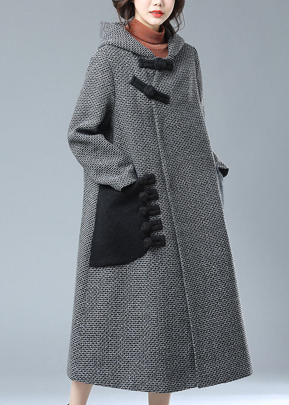 Grey Hooded Pockets Patchwork Woolen Trench Coats Winter