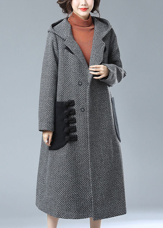 Grey Hooded Pockets Patchwork Woolen Trench Coats Winter