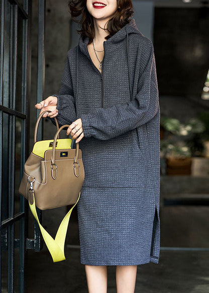 Grey Hooded Zippered Side Open Cotton Loose Dresses Winter