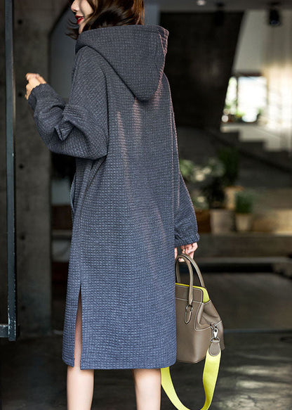 Grey Hooded Zippered Side Open Cotton Loose Dresses Winter