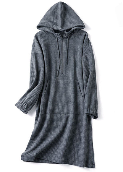 Grey Hooded Zippered Side Open Cotton Loose Dresses Winter