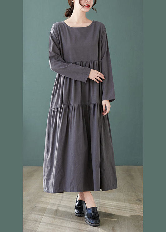 Grey Loose Pockets Wrinkled Fall Vacation Dresses Long Sleeve