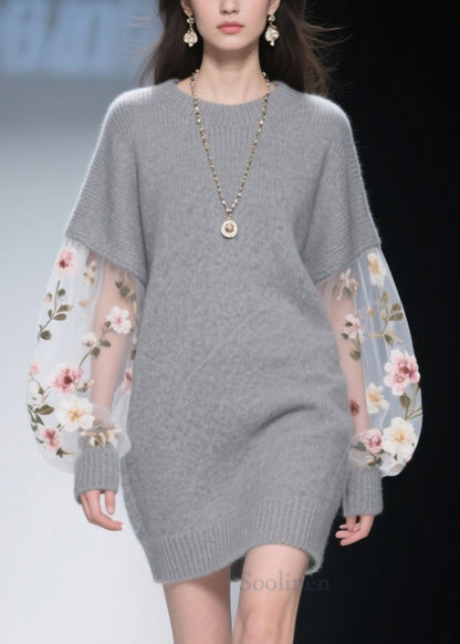 Grey O Neck Tulle Patchwork Knit Dress Winter
