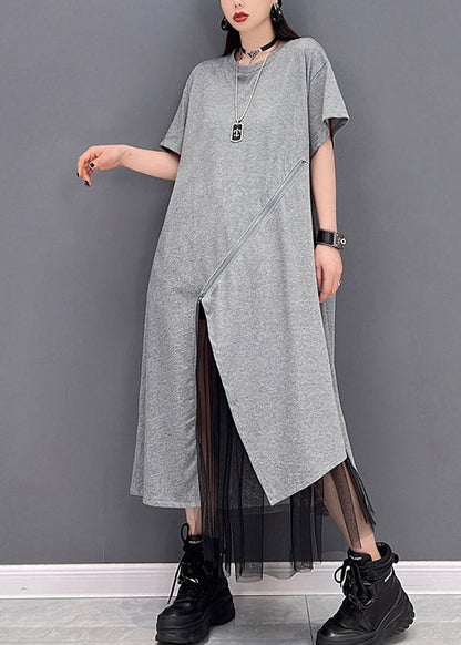 Grey O-neck Zippered Tulle Patchwork Dresses Short Sleeve