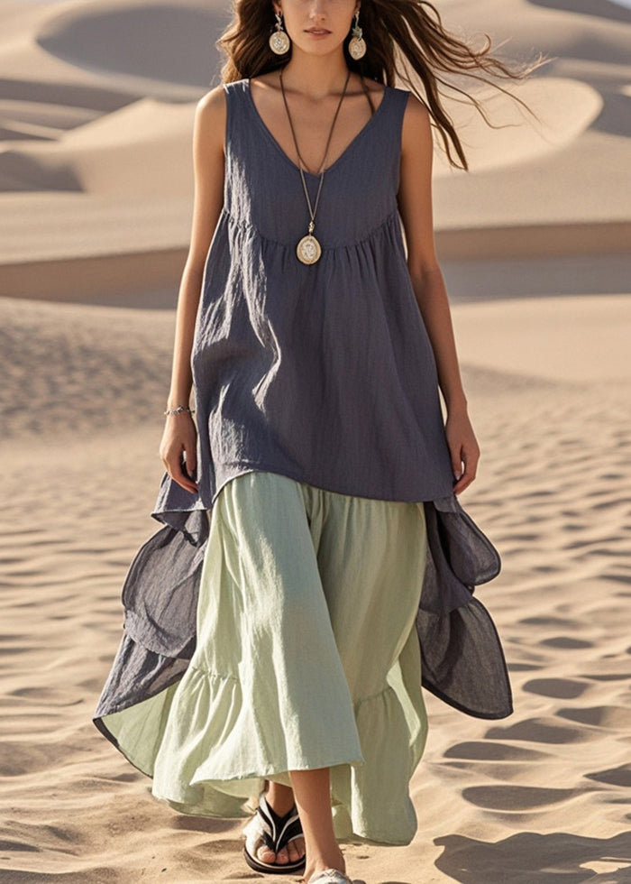 Grey Oversized Patchwork Cotton Fake Two Piece Dress Summer