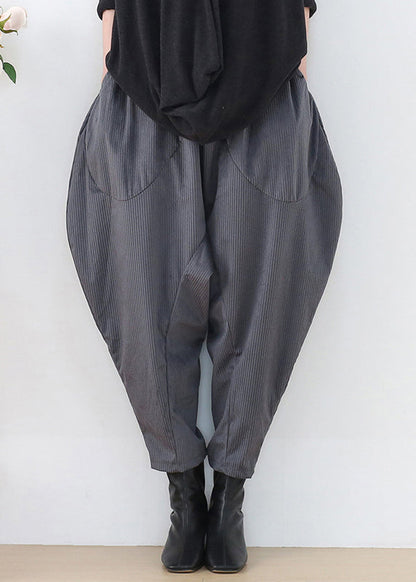 Grey Pockets Patchwork Elastic Waist Corduroy Lantern Pants Fall