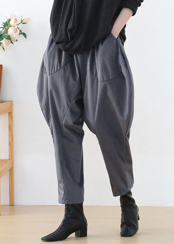 Grey Pockets Patchwork Elastic Waist Corduroy Lantern Pants Fall