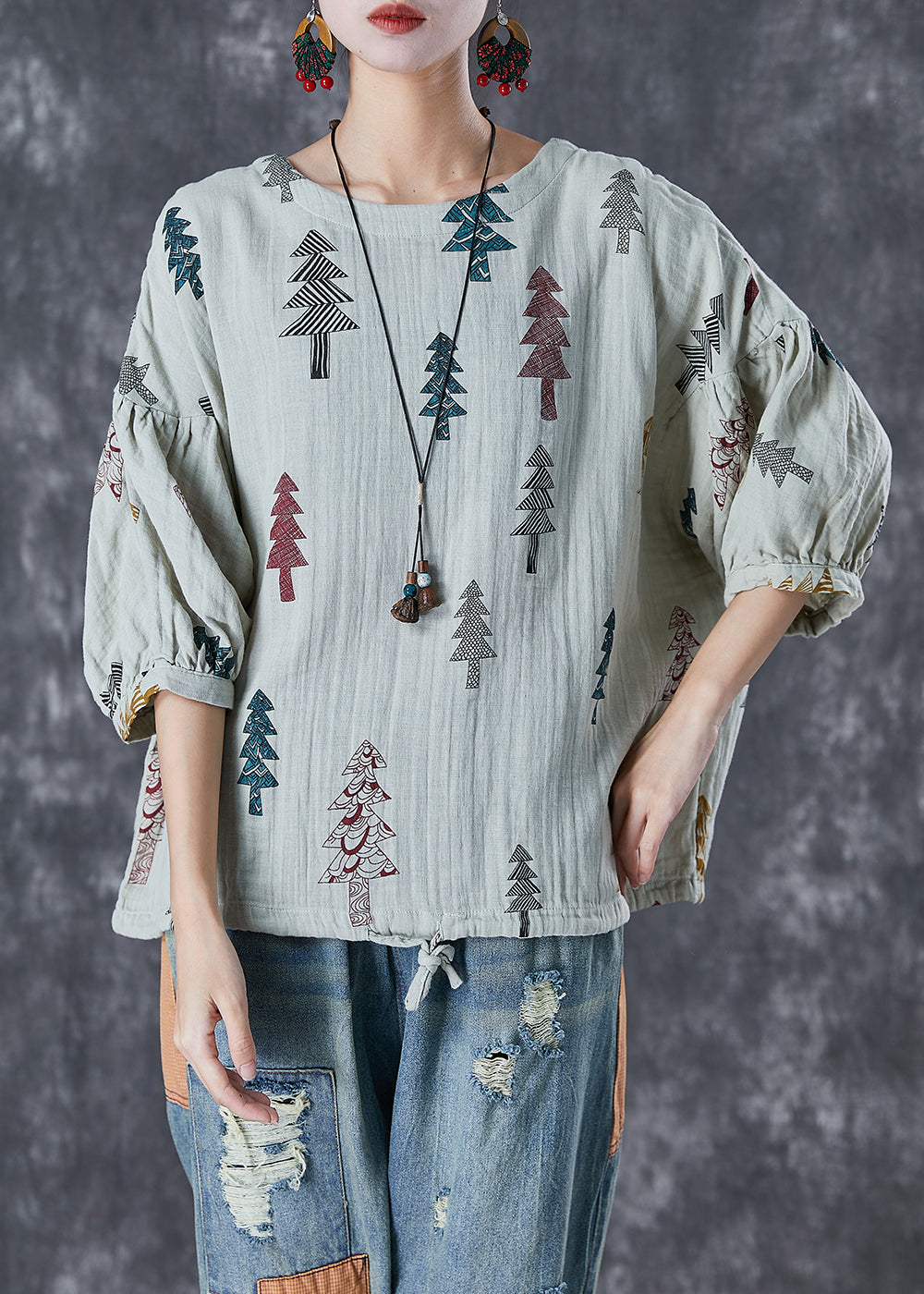 Grey Print Drawstring Cotton Top Lantern Sleeve