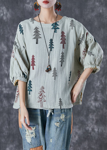 Grey Print Drawstring Cotton Top Lantern Sleeve