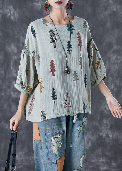 Grey Print Drawstring Cotton Top Lantern Sleeve