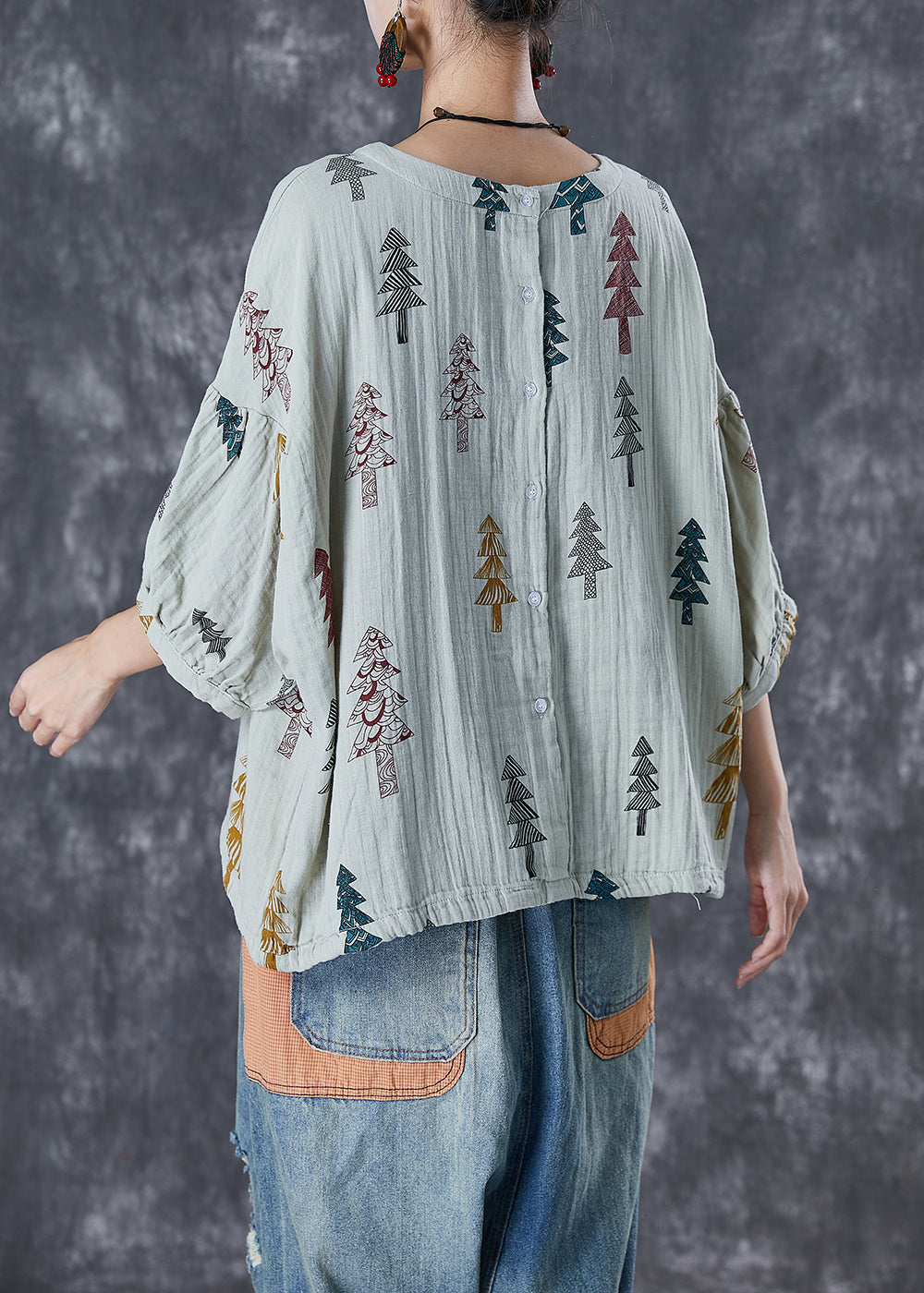 Grey Print Drawstring Cotton Top Lantern Sleeve