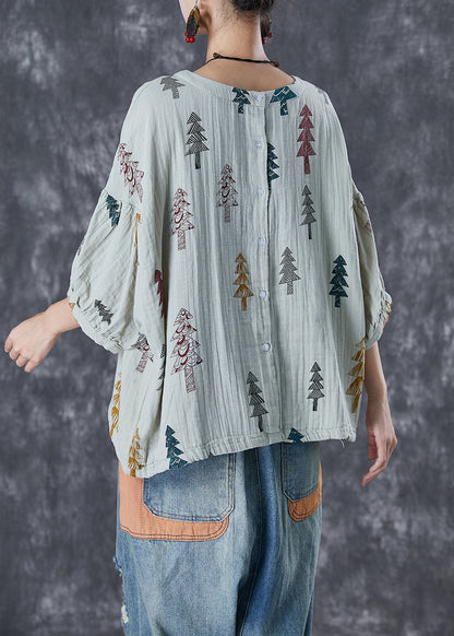 Grey Print Drawstring Cotton Top Lantern Sleeve