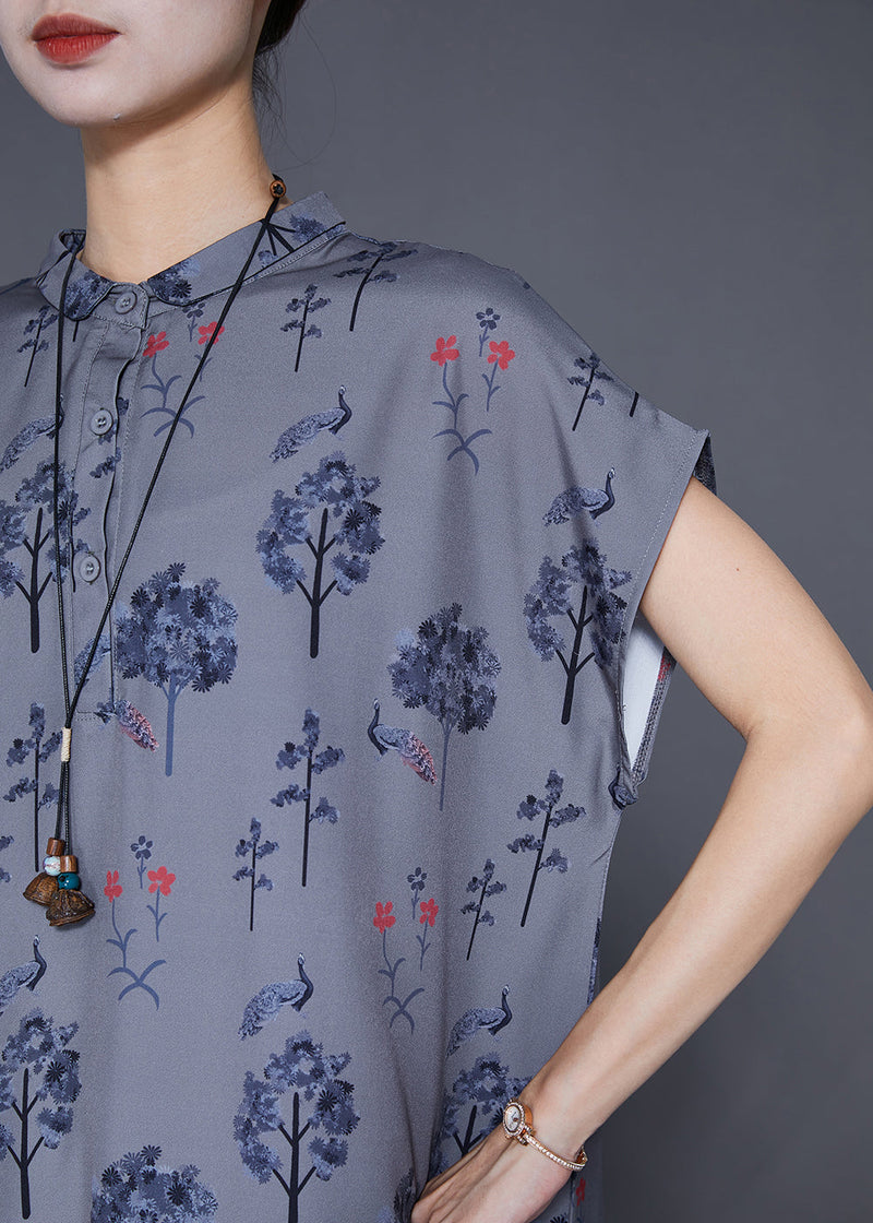 Grey Stand Collar Print Chiffon Maxi Dress Summer