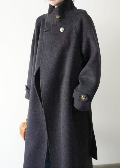 Grey Stand Collar Tie Waist Woolen Trench Winter