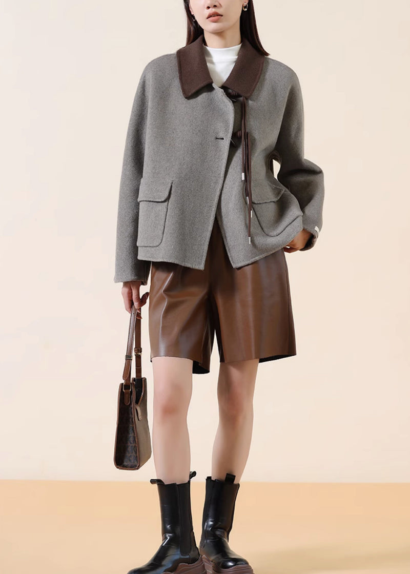 Grey Tasseled Patchwork Chinese Button Wool Coats Winter