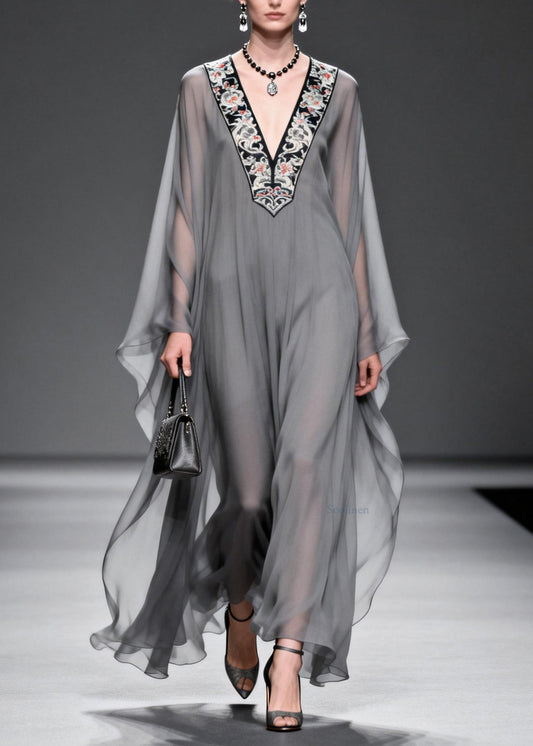 Grey V Neck Print Patchwork Chiffon Maxi Dresses Spring
