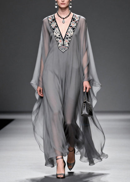 Grey V Neck Print Patchwork Chiffon Maxi Dresses Spring