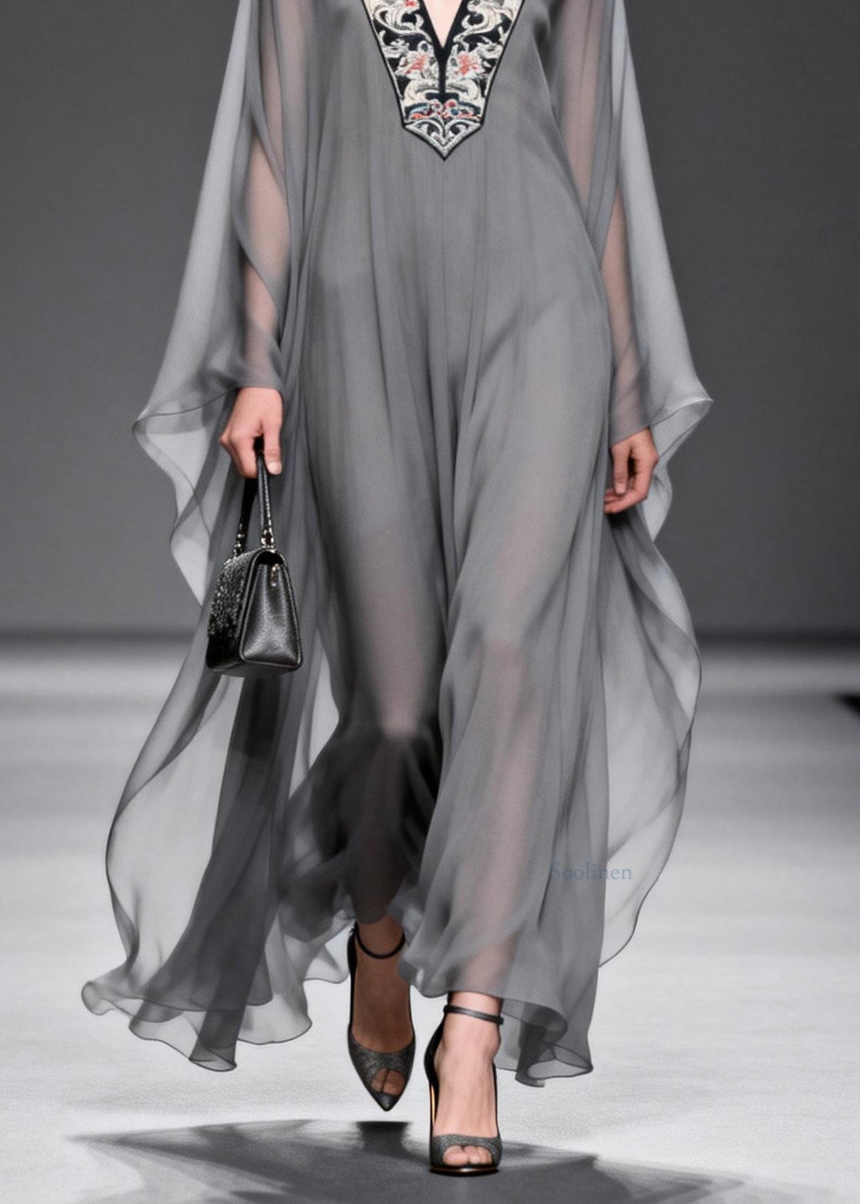 Grey V Neck Print Patchwork Chiffon Maxi Dresses Spring