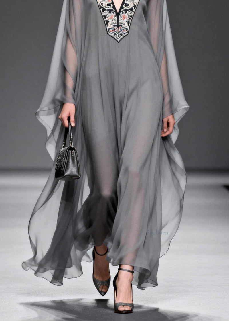 Grey V Neck Print Patchwork Chiffon Maxi Dresses Spring