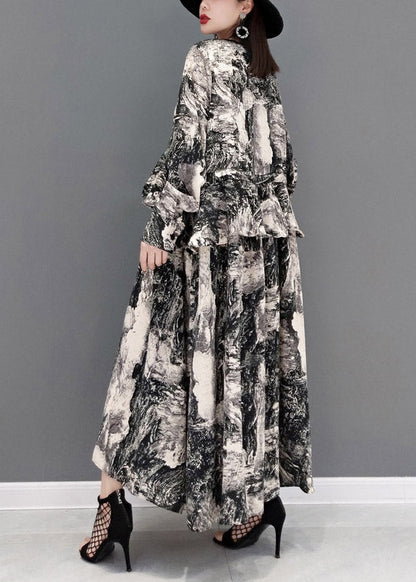 Grey V Neck Print Tie Waist Chiffon Long Dress Long Sleeve