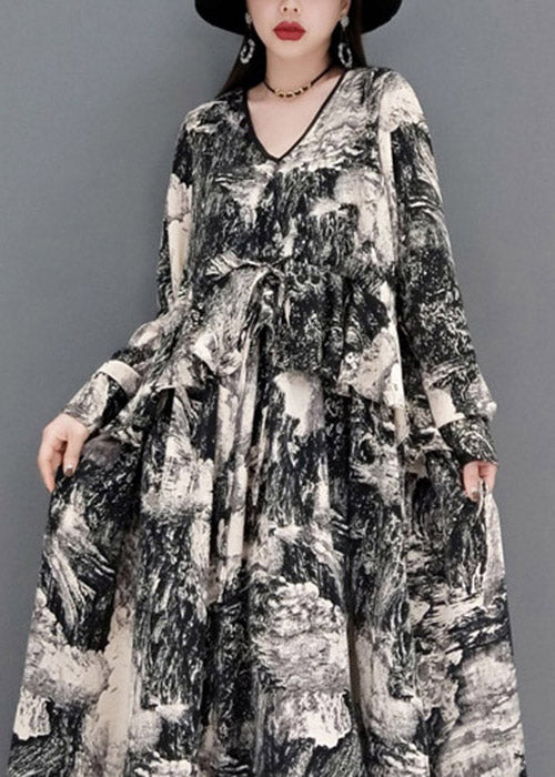 Grey V Neck Print Tie Waist Chiffon Long Dress Long Sleeve