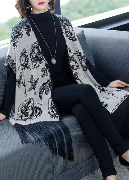 Grey V Neck Tasseled Print Patchwork Knit Coats Fall