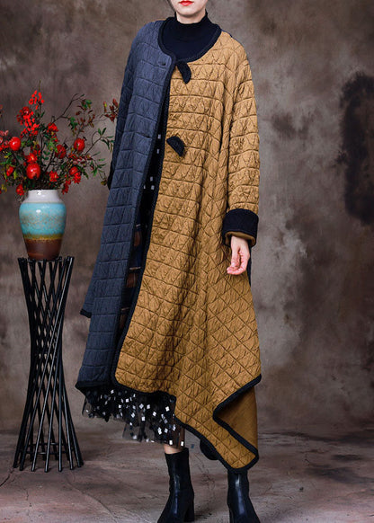 Grey Yellow Asymmetrical Pockets Patchwork Fine Cotton Filled Witner Coats Winter