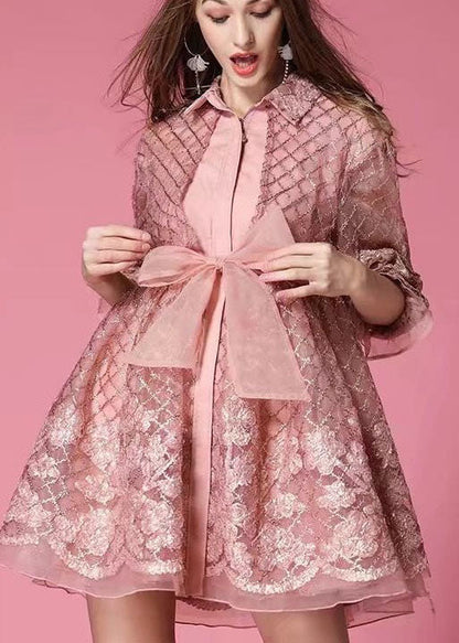Grey Organza Patchwork Hollow Out Bow Waist Fall Half Sleeve Coat