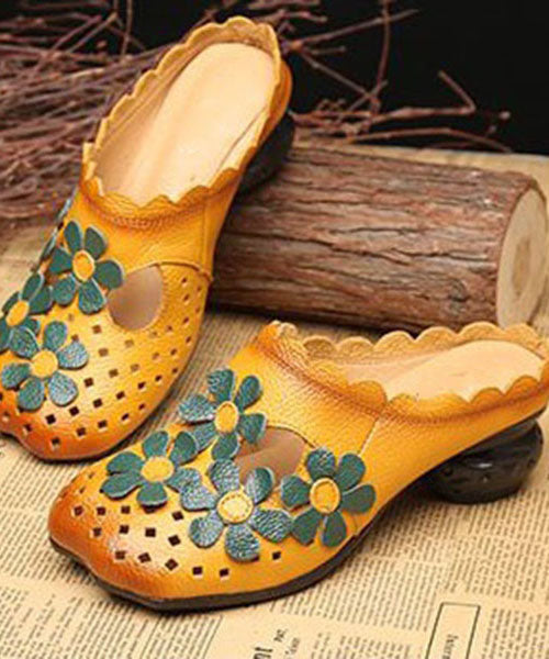 Hollow Out Yellow Cowhide Leather Slide Sandals