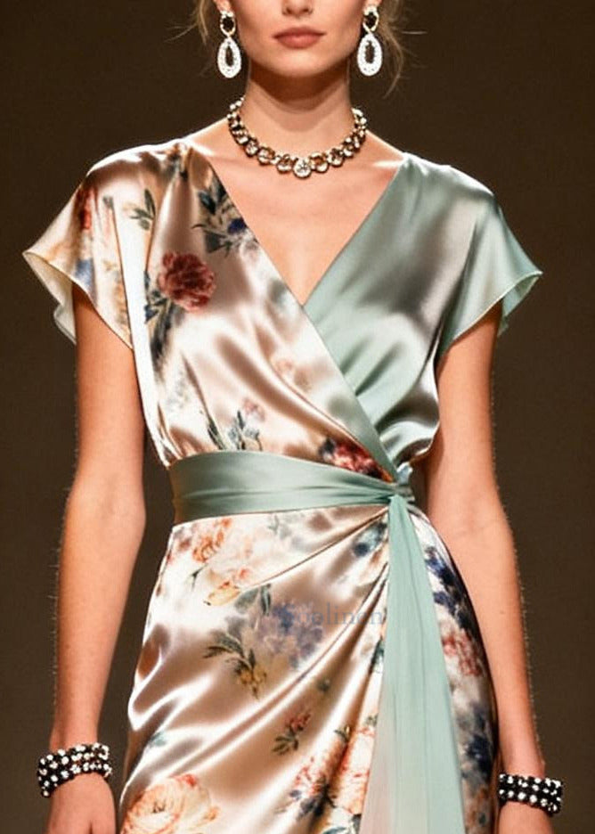 Khaki Asymmetrical Print Chiffon Maxi Dress Summer
