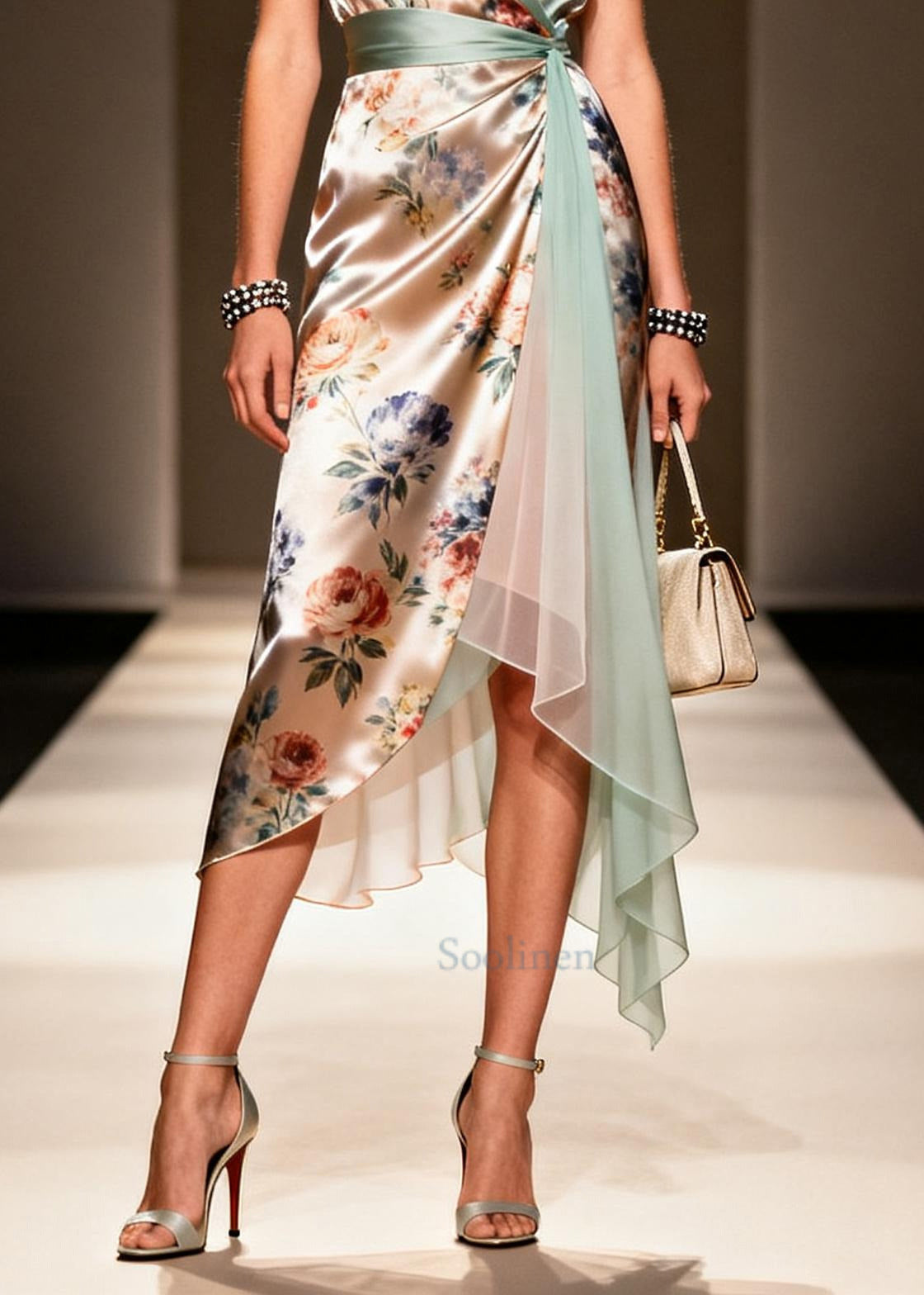 Khaki Asymmetrical Print Chiffon Maxi Dress Summer