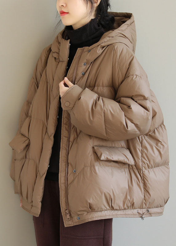 Khaki Hooded Zippered Pockets Winter Down Coat Long Sleeve